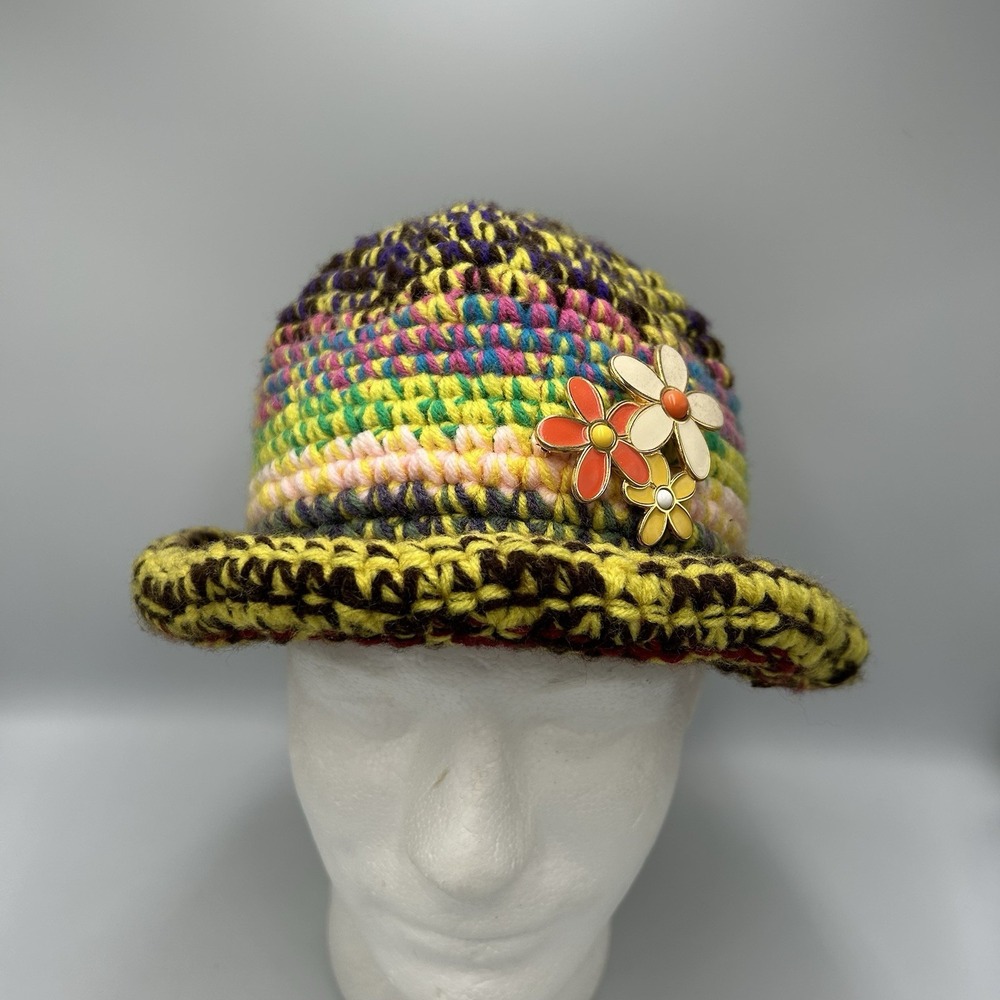 Handmade Multicolor Crochet Bucket Hat with Flower Brooch Acrylic Blend One Size
